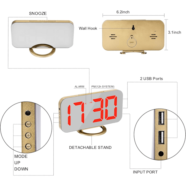 Digital väckarklocka, 6,5 tum LED och spegel elektronisk klocka, med dubbla USB-portar, batteribackup, automatisk dimmer, modern skrivbords klocka för sovrum Goldred