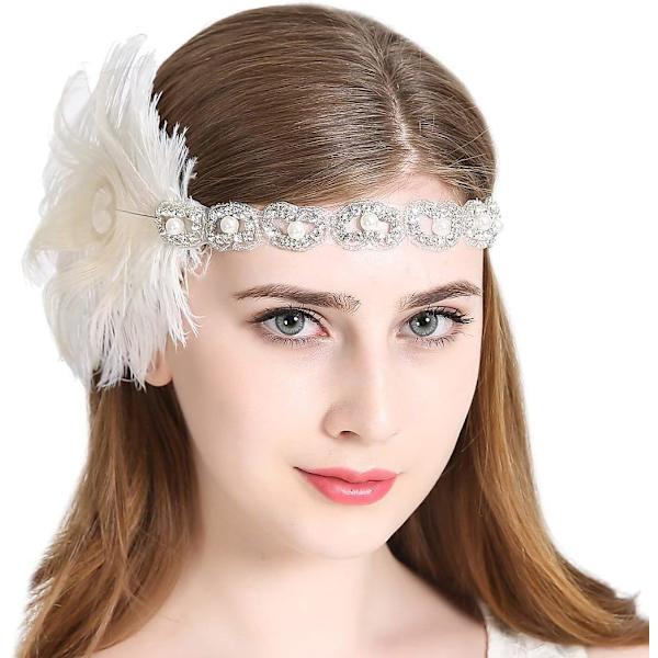Flapper Gatsby -panta 1920-luvun päähine Retrot tyyli Roaring 20-luvun asusteet naamiaisiin, promoihin, hääjuhliin White Feather