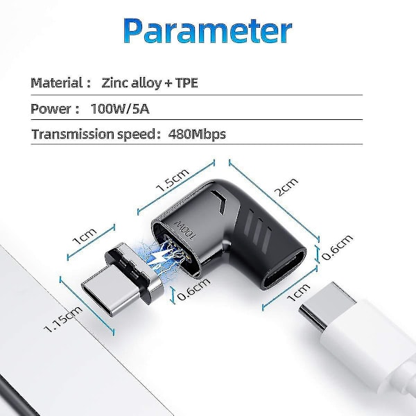 2-pack Magnetisk USB-C-adapter, Vinkelrät Typ C-kontakt, Stöder USB PD 100W Snabbladdning & 480 MB/s Dataöverföring, Kompatibel med USB-C Mobila P