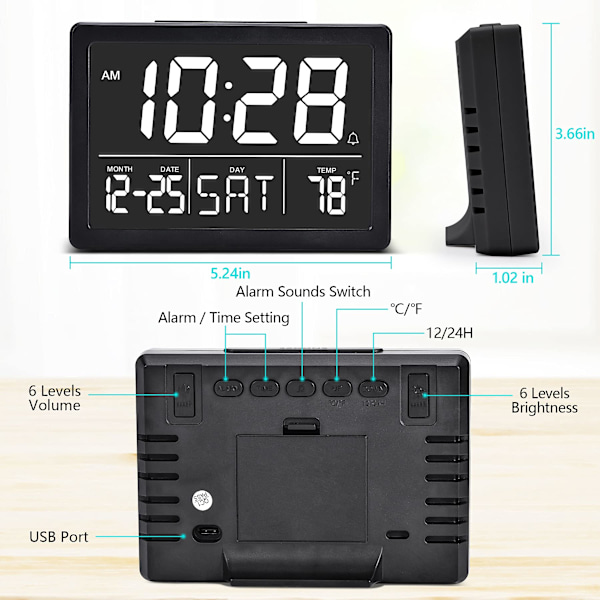 Väckarklocka, Digital Klocka, Elektrisk Digital Klocka med 5,5\" LED-Display, Ljusstyrka, Justerbar Volym, Datum och Temperatur, Bordsklocka för Sängar black