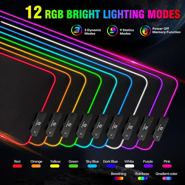 Gaming Musemåtte, XL Musemåtte 800x300x4mm, 12 LED-lystilstande, Stor Musemåtte med Premium Micro-Weave Overflade, Skridsikker Musemåtte