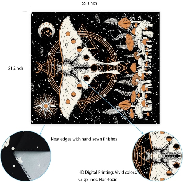 Psykedelisk Gobelin Luna Moth Butterfly Gobelin Sol Måne Gobeliner Solare Lunar Eclipse Gobeliner Naturlig Mysterium Dekorativ Vægophæng til Be Black 150*130cm