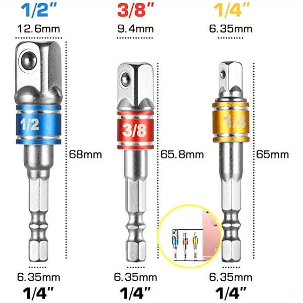 Sæt med 3 topadaptere (sekskantet skaft til firkantet drev) – 1/4\", 3/8\", 1/2\"