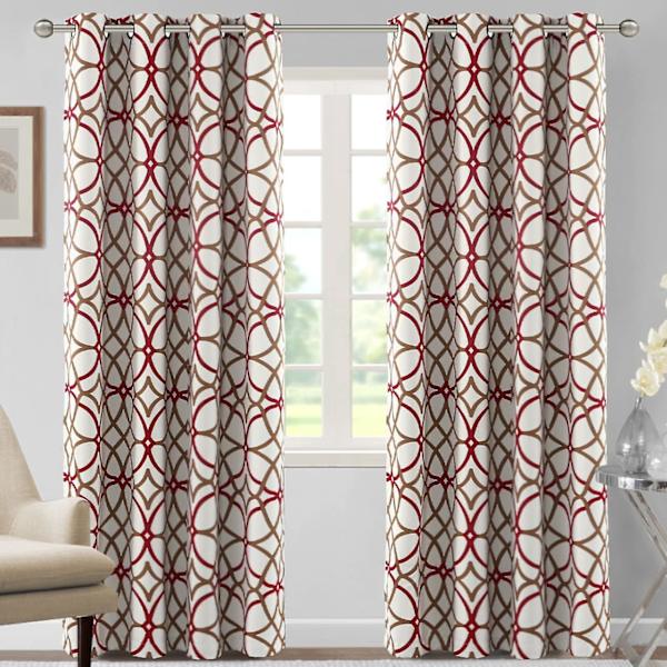 Blackout-gardiner med trykt design, 84 tommer lange, 2 paneler, termisk isolerte gardiner, geometriske moderne ringgardiner - taupe og rød
