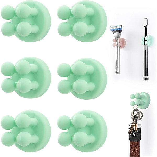 Silikon tannbørsteholdere 6 stk multifunksjonskrok barberhøvelholder vanntett selvklebende veggmontert enkel krok for vegg eller glass for oppheng Green