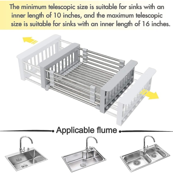 Utvidbar vaskestativ, Teleskopisk avløpskurv i rustfritt stål med funksjonell kjøkkenvaskorganisator med justerbare armer