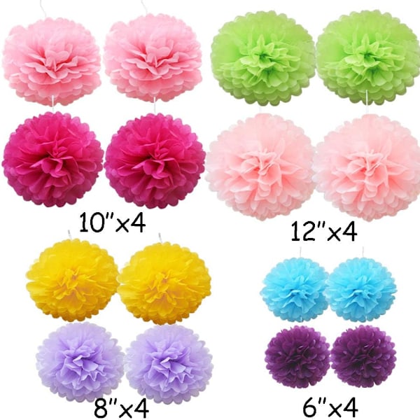 16 stk blandede silkepapir pomponer pom poms blomster håndlagde bryllupsfestdekorasjoner baller, lyse nyanser Bright Shade