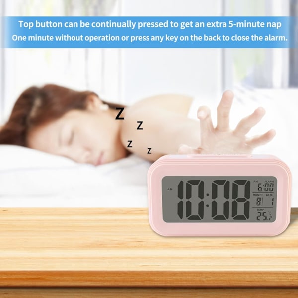 Opgraderet Digital Vækkeur, 4,3\" LED-Skærm med Temperatur Større Lydstyrke Lysstyring Bærbar Snooze Kalender Lysstyrke med Batteridrift Pink