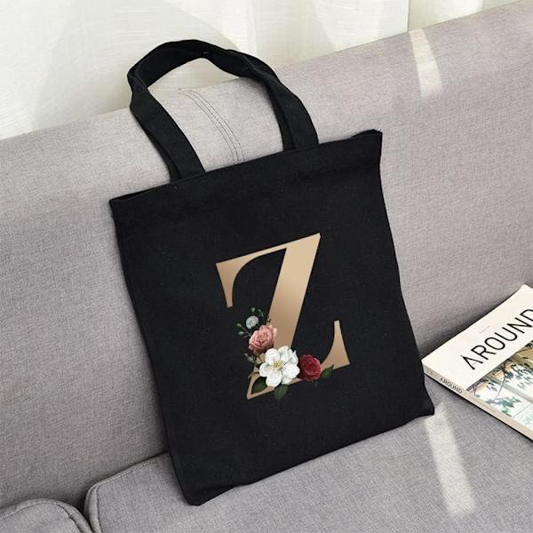 26 bogstaver trykt lærred genanvendelige indkøbsposer, sammenklappelig afslappet rejse håndtaske, skulder strand tote tasker, shopper taske miljøvenlig super stærk vaskbar Gold Z