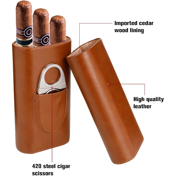 Cigarrfodral Humidor med 3 rör, cigarrlåda med cigarrklippare i rostfritt stål, läderhumidorer med cederträklädsel, cigarrhållare, förvaringstillbehör Brown