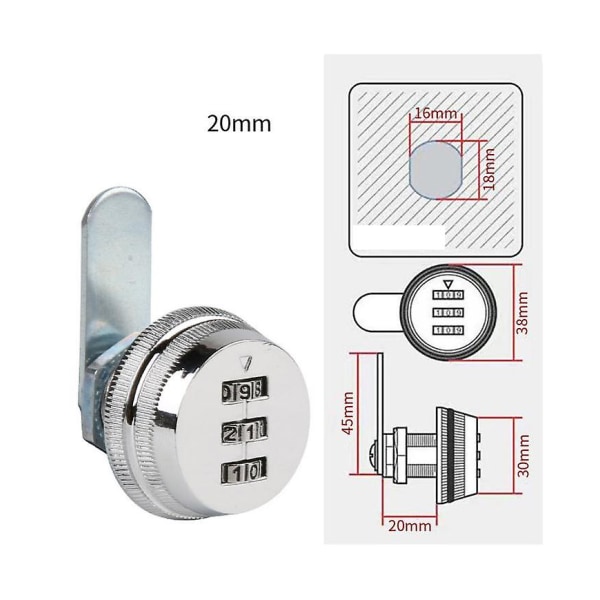 Kombinasjonskamera - 2 cm/0,79 tommer bolt sinklegering Passord Sikkerhetslåser Bright krom kode for kabinettskap (3 produkter)