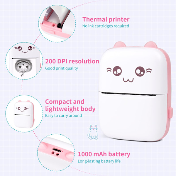 Mini Termisk Skriver, Bluetooth Etikettskriver, Bærbar Etikettskriver Kompatibel med Android og iOS (Rosa) pink