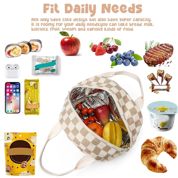Frokosttaske til Kvinder Mænd Sød Fløjlsfrokosttaske Genanvendelig Isoleret Frokostboks Stor Kapacitet Genanvendelig Isoleret Køletaske (Fløjlsternet brun) Corduroy Plaid Brown