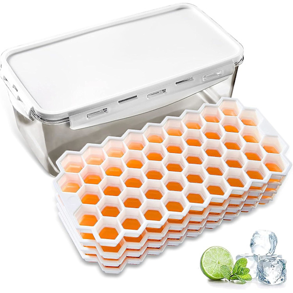 4 stk. silikone isterningbakker og en isterningbeholder (orange