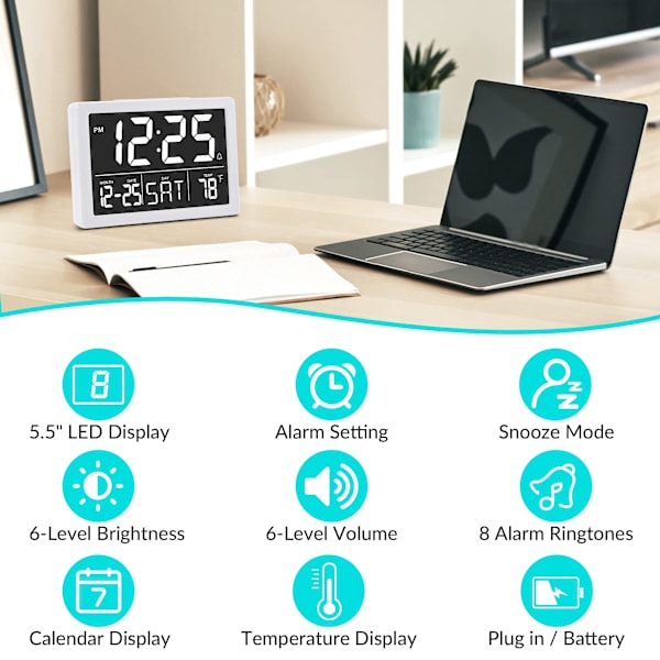 Väckarklocka, Digital Klocka, Elektrisk Digital Klocka med 5,5\" LED-Display, Ljusstyrka, Justerbar Volym, Datum och Temperatur, Bordsklocka för Sängar white