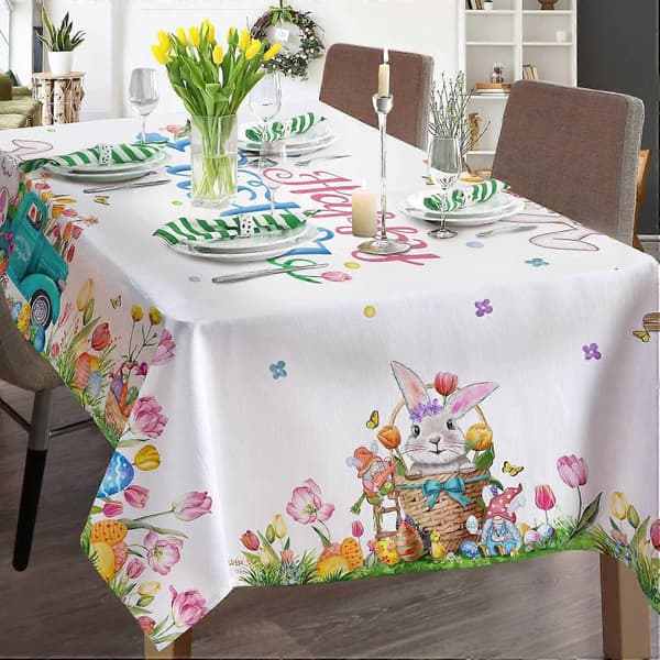 Glad påsk duk för picknick 60 x 84 tum, vattentät polyester, färgglad påskdesign, lättskött