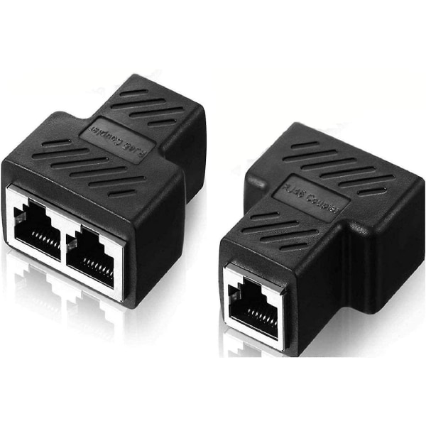 2 Pack Rj45 Ethernet Splitter Connector Adapter, kompatibel med Cat7, Cat6, Cat5e-kabler - svart (to porter kan fungere samtidig)