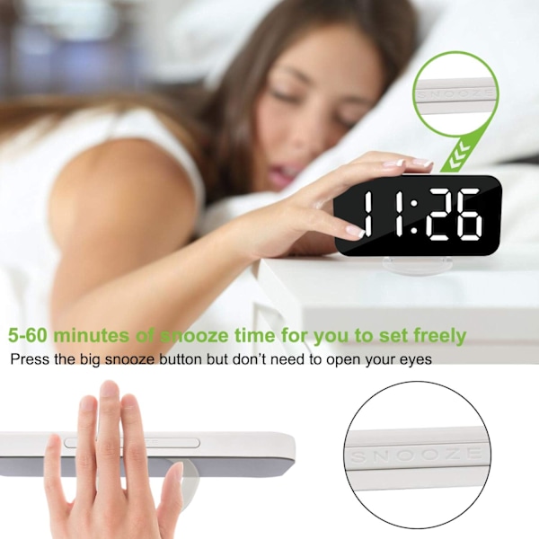 Digital klokke med stor skjerm, LED elektrisk vekkerklokke med speiloverflate for sminke med dempingsmodus, 3 lysstyrkenivåer, doble USB-porter Moderne D White