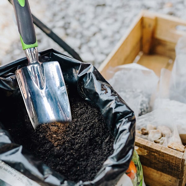 Hagespade i rustfritt stål med ergonomisk grep og sklisikkert mykt gummihåndtak for omplanting, luking, graving og planting