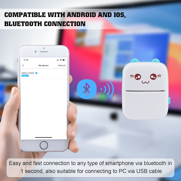 Mini Termisk Printer, Bluetooth Label Maker, Bærbar Labelprinter Kompatibel med Android og iOS (Blå) blue