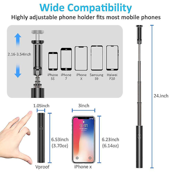 Selfie Stick Stativ, Alt-i-Én Udvidbar Bluetooth Selfie Stick