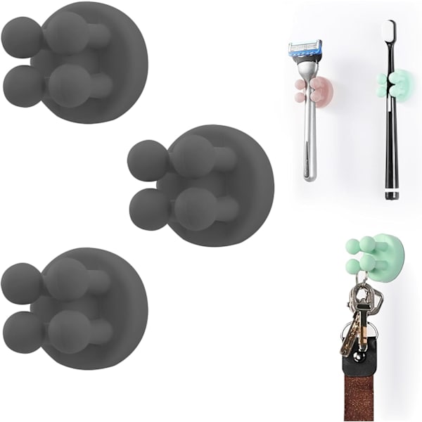 Silikon tandborsthållare 6 st multifunktionskrok rakbladshållare vattentät självhäftande väggmonterad enkelkrok för vägg eller glas för upphängning Black 3pcs