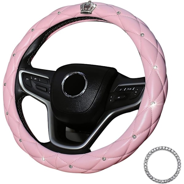 Deksel til ratt med glitrende diamanter, Universal skinn Anti-Slip bilrattdeksel Glitrende krone Biltilbehør for kvinner Damer (Rosa) steering wheel cover pink