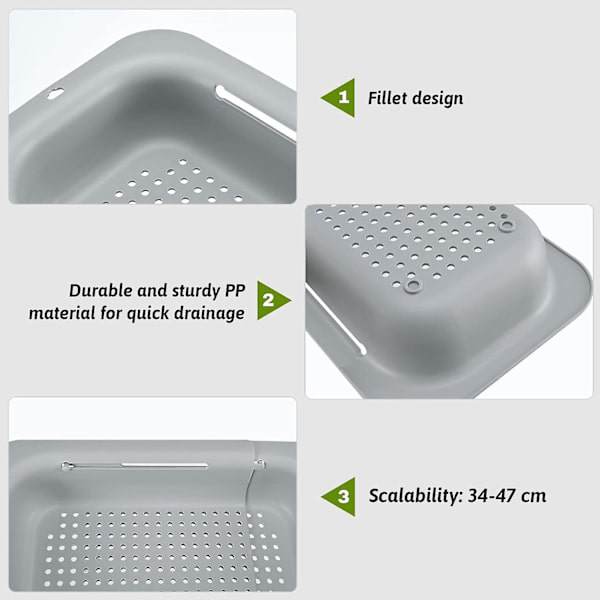Utbyggbar Diskho-Sil, Livsmedelssäkert PP-Material, Effektiva Dräneringshål, Snabbtorkande Diskbänk, Lätt att Rengöra och Hållbar. (Dubbelbelagd Grå)