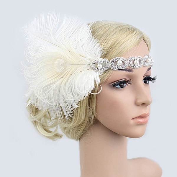 Flapper Gatsby -panta 1920-luvun päähine Retrot tyyli Roaring 20-luvun asusteet naamiaisiin, promoihin, hääjuhliin White Feather