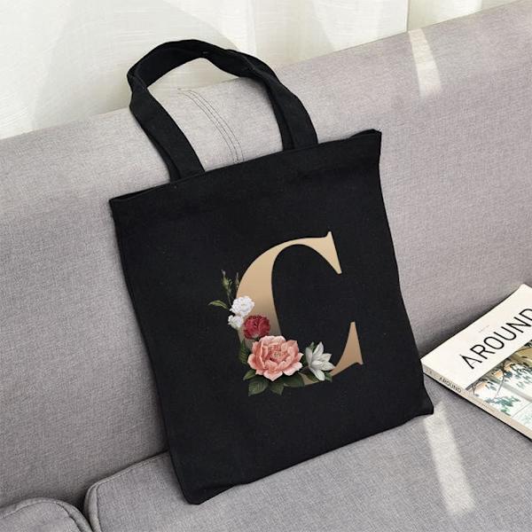 26 bokstäver tryckt canvas återanvändbara matkassar, hopfällbar casual resehandväska, axel strand tote väskor, shopper väska miljövänlig super stark tvättbar Gold C