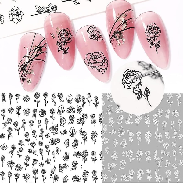 Blommor Nageldekaler, 3d självhäftande Svart Vit Rose Nagelklistermärken French Hollow Flower Nail Art Design Manikyr Diy Nageldekoration (6 ark)