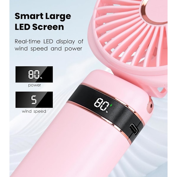 Handhållen Fläkt, 20+ Timmar Bärbar USB-Fläkt med 5 Hastigheter & Strömdisplay, Batteridriven Bordfläkt, Liten Personlig Fläkt med B Pink