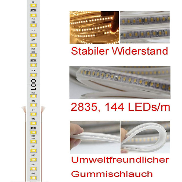 LED-bånd, LED-strip, LED-panel, lysende LED-panel 220v AC 2835 Ip68 Tanche 144leds/m 900lm, LED-striplys lysende panel (koldt hvidt, 8m