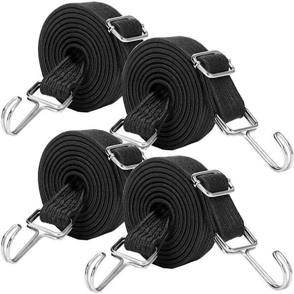 Justerbare Bungee-snører med kroker, 4-pakning 2M Elastiske Bungee-stropper Lang Elastisk Tau Tyngre Bungee-stropp med krok for motorsykkel, Black 200Centimeter