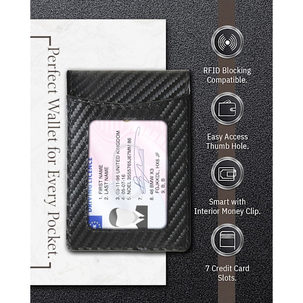 Kolfiber Läder Plånbok för Män - Slank Pengaklipp Bifold Plånböcker för Män RFID Framficka Tunn Kreditkortshållare Black Carbon Fiber