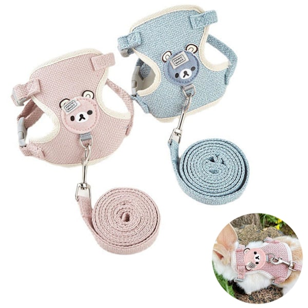 2 Delar Justerbart Kaninkoppel, Liten Hundsele, Justerbar Vadderad Husdjursvästsele och Koppelsats för Kanin, Valp, Kattunge (Rosa, Blå)