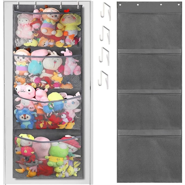 Oppbevaringspose for bamse over døren - Organiser for bamser med 4 store lommer - Hengende nettposer for baby-plysjleker, soverom, barnerom, leker