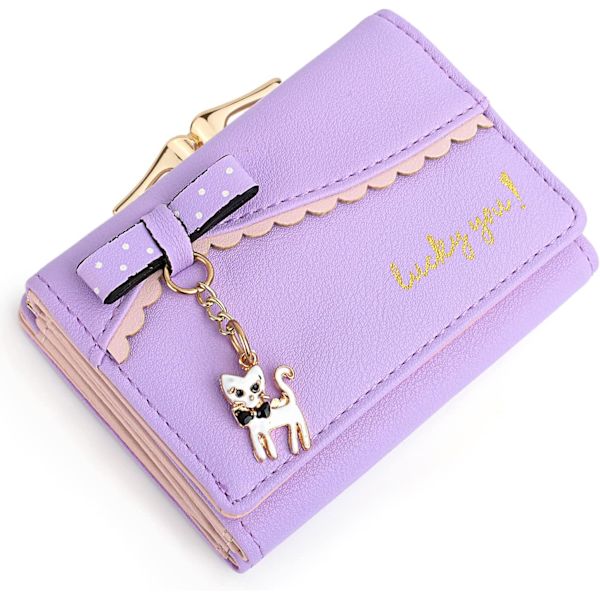 Sød pung til kvinder Kattevedhæng Damer Kawaii pung 13 kortspor Kys lås Møntlomme Syntetisk læder Lyselilla Light Purple Kiss Lock S Kiss Lock