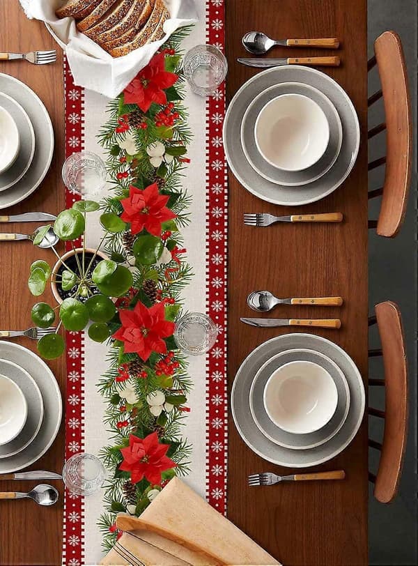 Rød rustikk julebordløper med snøflak og stjerner, 33x183 cm-FX-