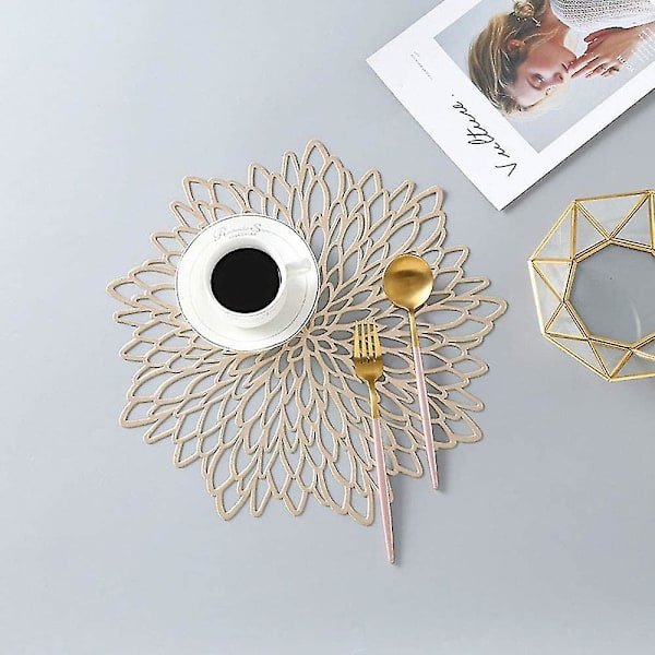 4 stk. Rose Gold Metallic Runde Plassmatter i Laminert Vinyl Blad Spisebord Dekorativ