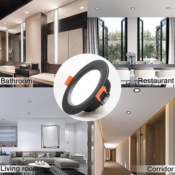 7w LED-downlight dimbar svart extra platt 230v 5-pack, 700lm = 70w glödlampa, Ip44, kall vit 6000k, utskärning 80-90mm [energiklass A]