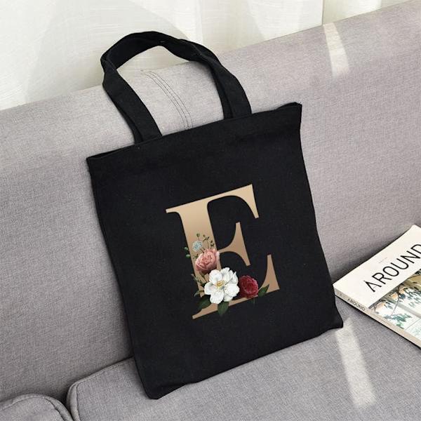 26 bokstäver tryckt canvas återanvändbara matkassar, hopfällbar casual resehandväska, axel strand tote väskor, shopper väska miljövänlig superstark tvättbar Gold E