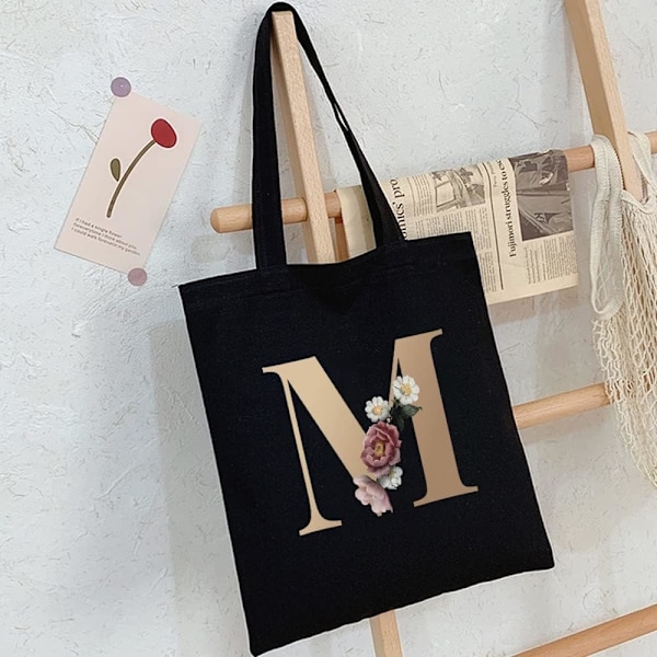 26 bokstäver tryckt canvas återanvändbara matkassar, hopfällbar casual resehandväska, axel strand tote väskor, shopper väska miljövänlig superstark tvättbar Gold M