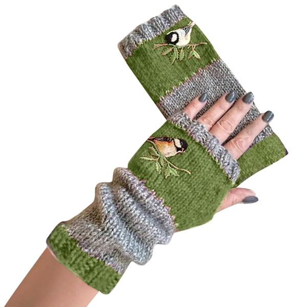 Fingerlösa handskar 𝐂ashmere Varma stickade damhandskar Utomhus Vinter Plus Handskar Sammet Broderade Handskar Termiska Handskar Foder (Grön)