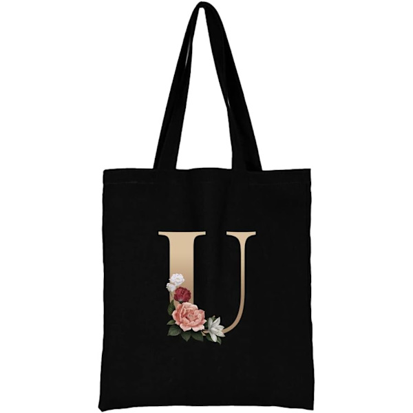 26 bokstäver tryckt canvas återanvändbara matkassar, hopfällbar casual resehandväska, axel strand tote väskor, shopper väska miljövänlig superstark tvättbar Gold U