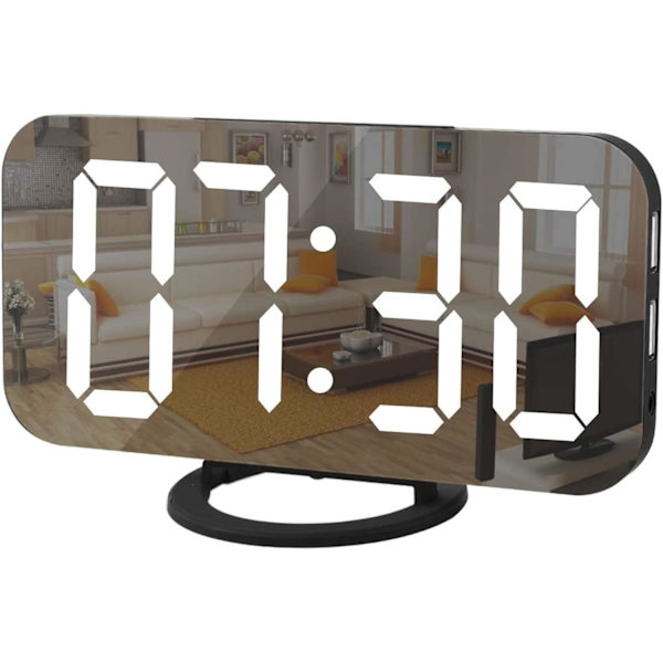 Digital Klocka med Stor Display, LED Alarm Klocka Spegel Yta för Makeup med Dimning Läge, 3 Nivåer Ljusstyrka, Dubbla USB-portar Modern D Blackwhite