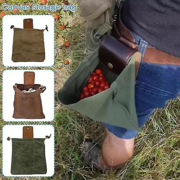 Canvas Forage Pouch, Fällbar Canvas Bushcraft Väska Med Dragsko Läderöverdrag, Midjehängande Verktygsväska För Fruktplockning Svart
