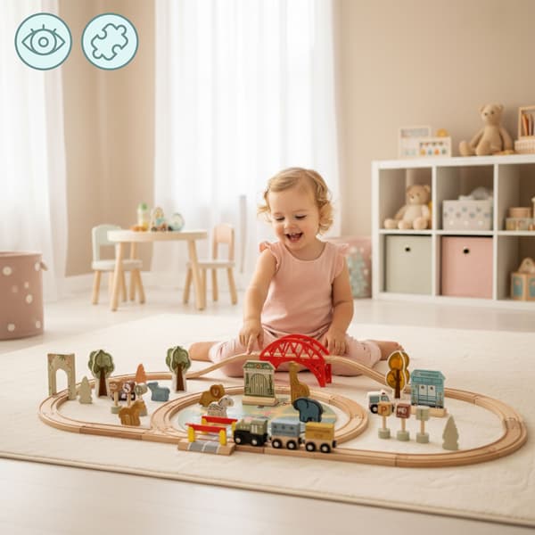 Puuinen ZOO-junarata puzzlealustalla Mamabrum