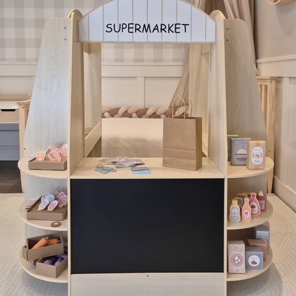 Mamabrum træ-supermarked til børn med tavle – 91 dele