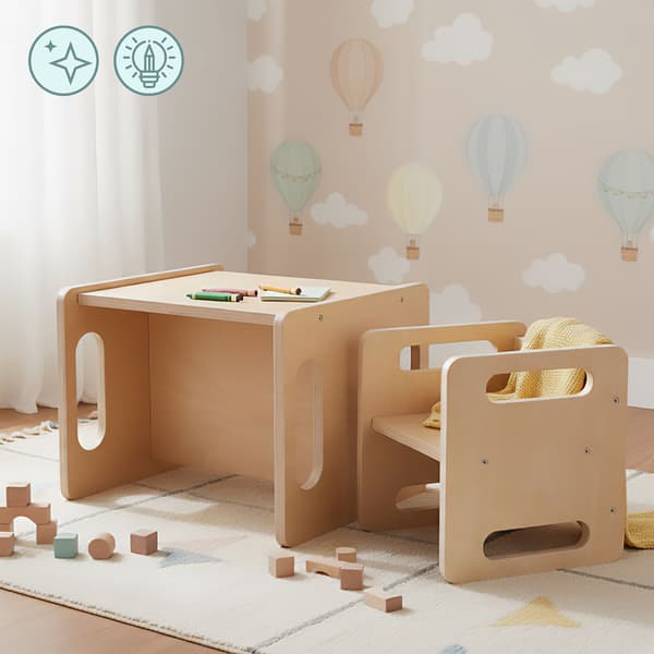 Multifunktionellt Montessori-set i trä – bord, stol & pall